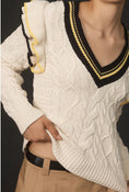 Load image into Gallery viewer, Maeve Ruffle V-Neck Cable Sweater
