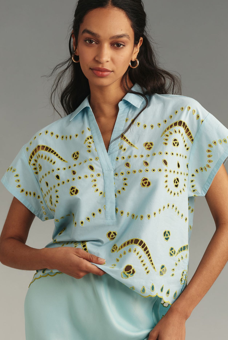 Maeve Short-Sleeve Boxy Eyelet Popover Blouse