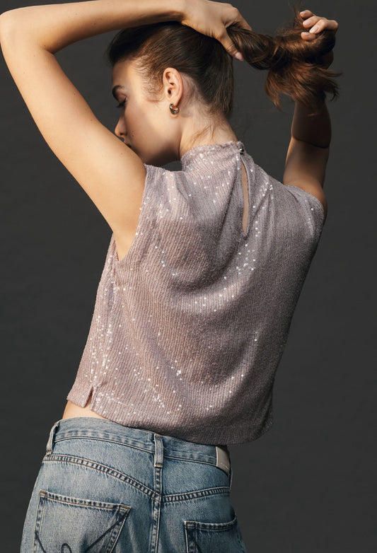 By Anthropologie Mock-Neck Sequin Shell Tank Top