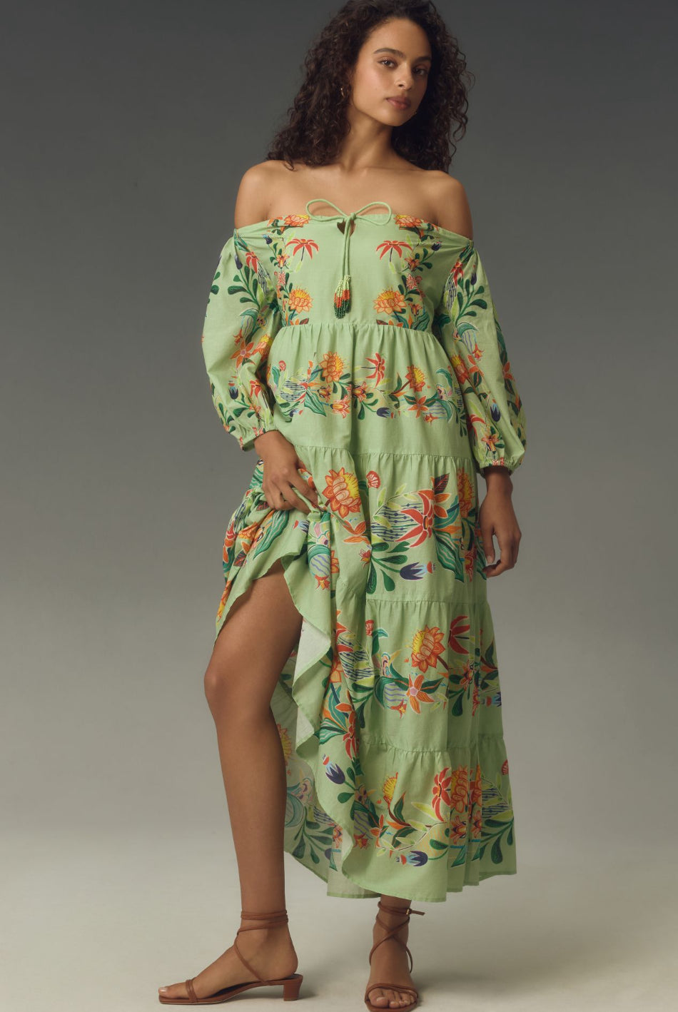 Farm Rio x Anthropologie Off-The-Shoulder Tiered Floral Midi Dress