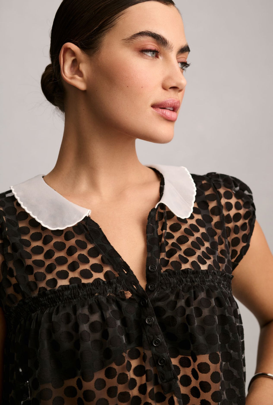 Maeve Collared Cap-Sleeve Sheer Blouse