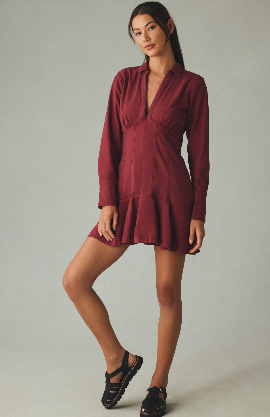 Pilcro Long-Sleeve V-Neck Seamed Mini Dress