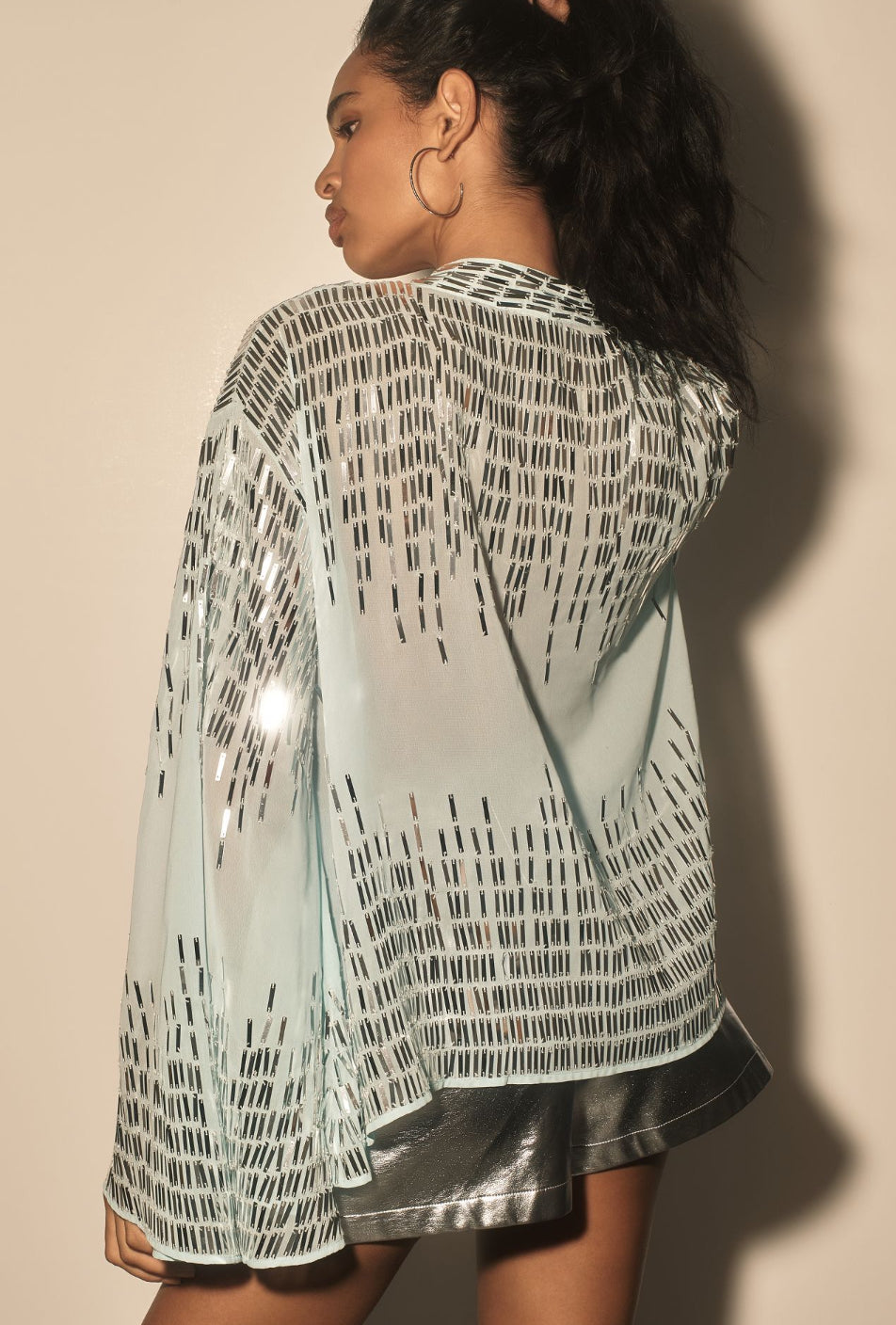 Let Me Be Sheer Sequin Batwing Sleeve Blouse