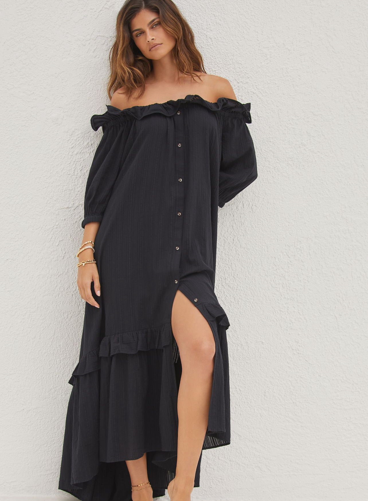 By Anthropologie Ruffle Off-The-Shoulder Gauze Dress