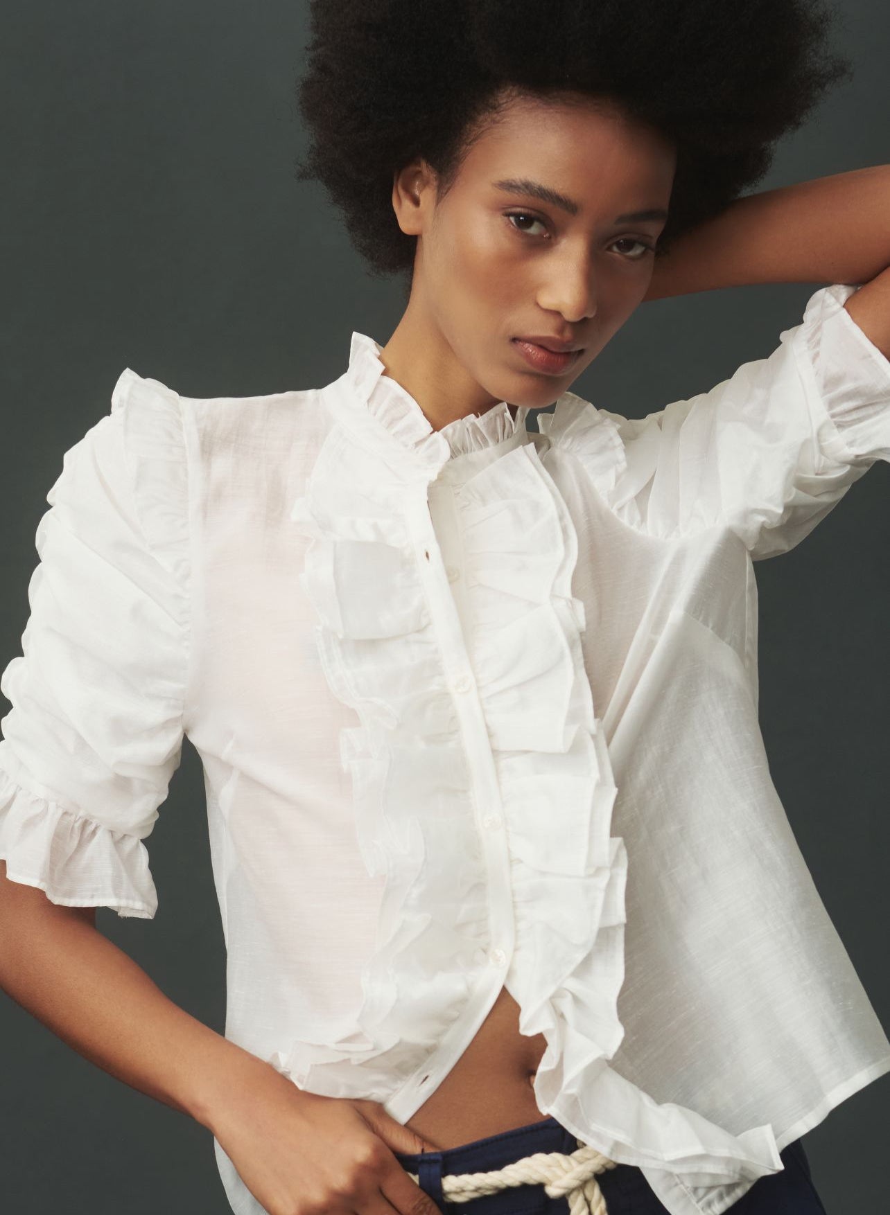 Sunday in Brooklyn Short-Sleeve Ruffle-Front Buttondown Shirt