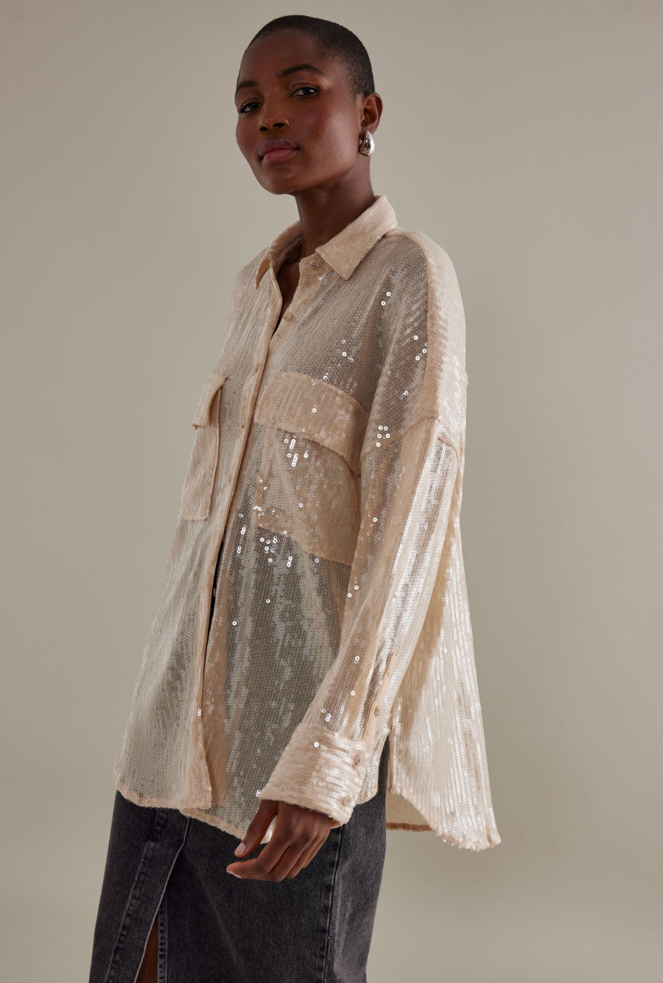 Pilcro Sheer Long-Sleeve Sequin Shirt