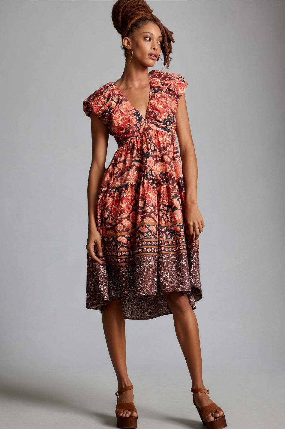 By Anthropologie Printed V-Neck Babydoll Dress