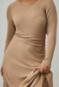 Load image into Gallery viewer, By Anthropologie Slim Knit Long-Sleeve Ruched-Waist Pleated Midi Dress
