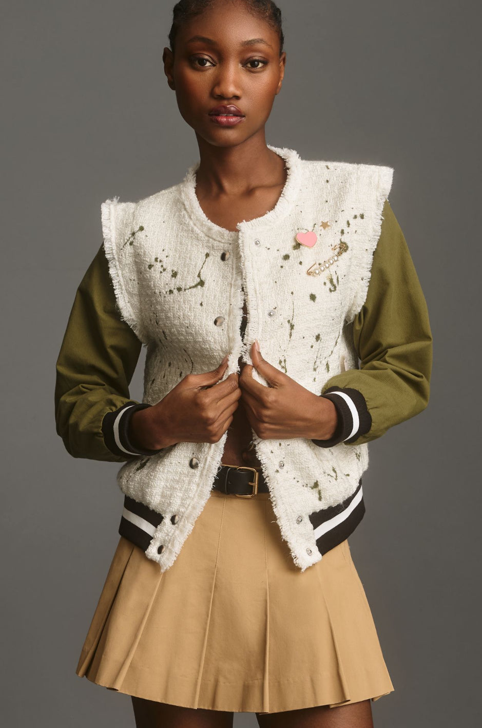 By Anthropologie Paint Splatter Tweed Bomber Jacket