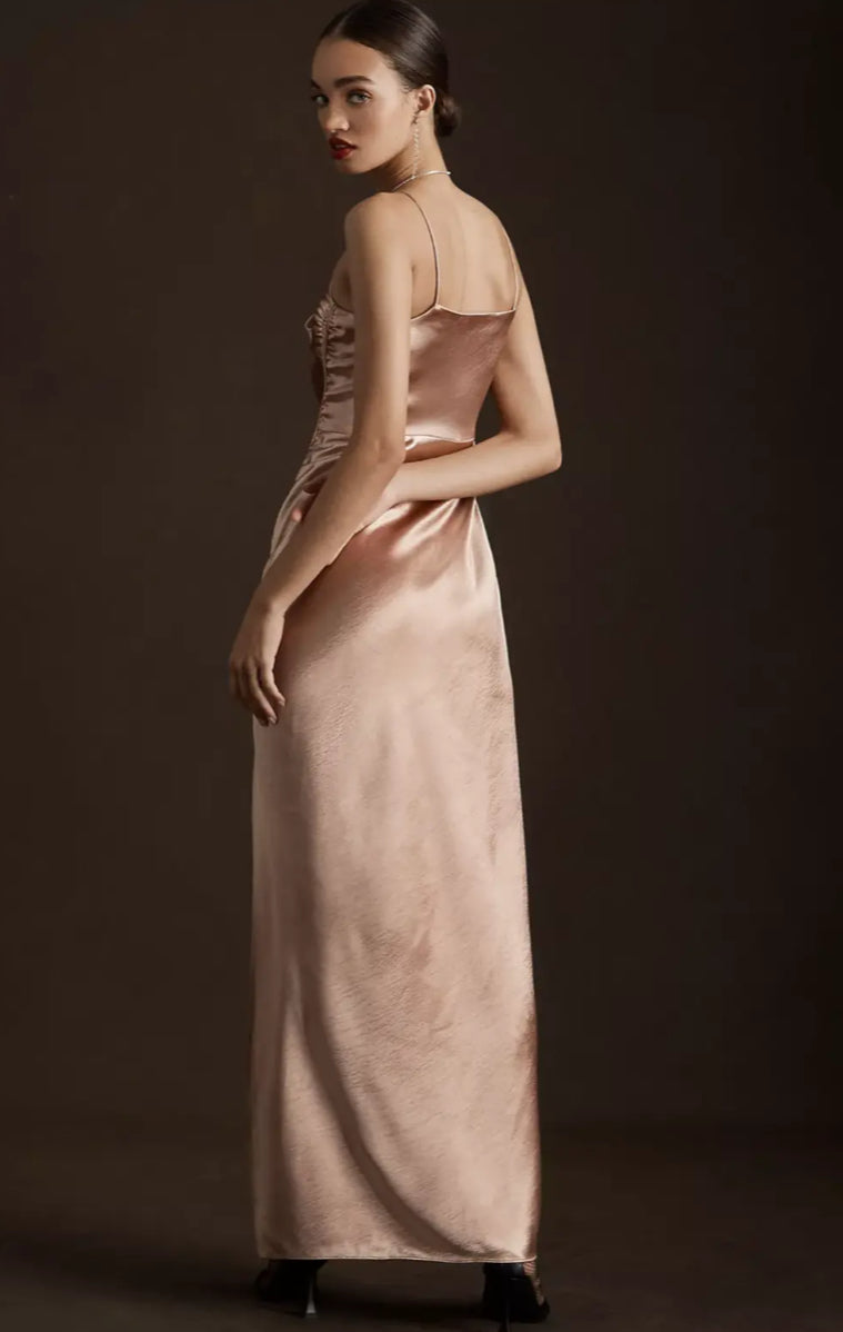 Sachin & Babi Jennings Ruched Hammered Satin Side-Slit Gown