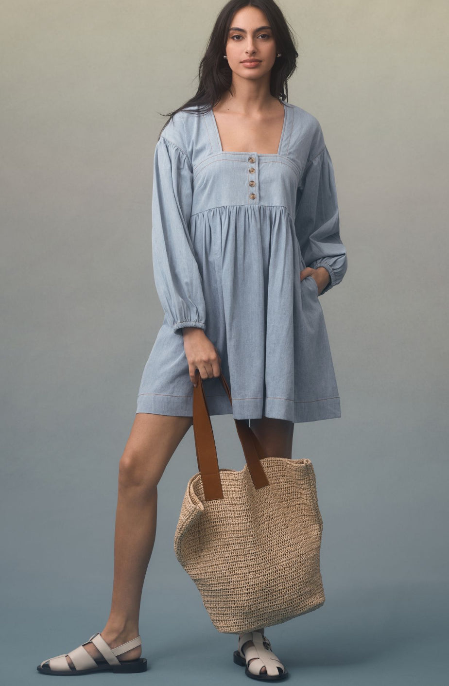 By Anthropologie Long-Sleeve SqNk Denim Babydoll Mini Dress