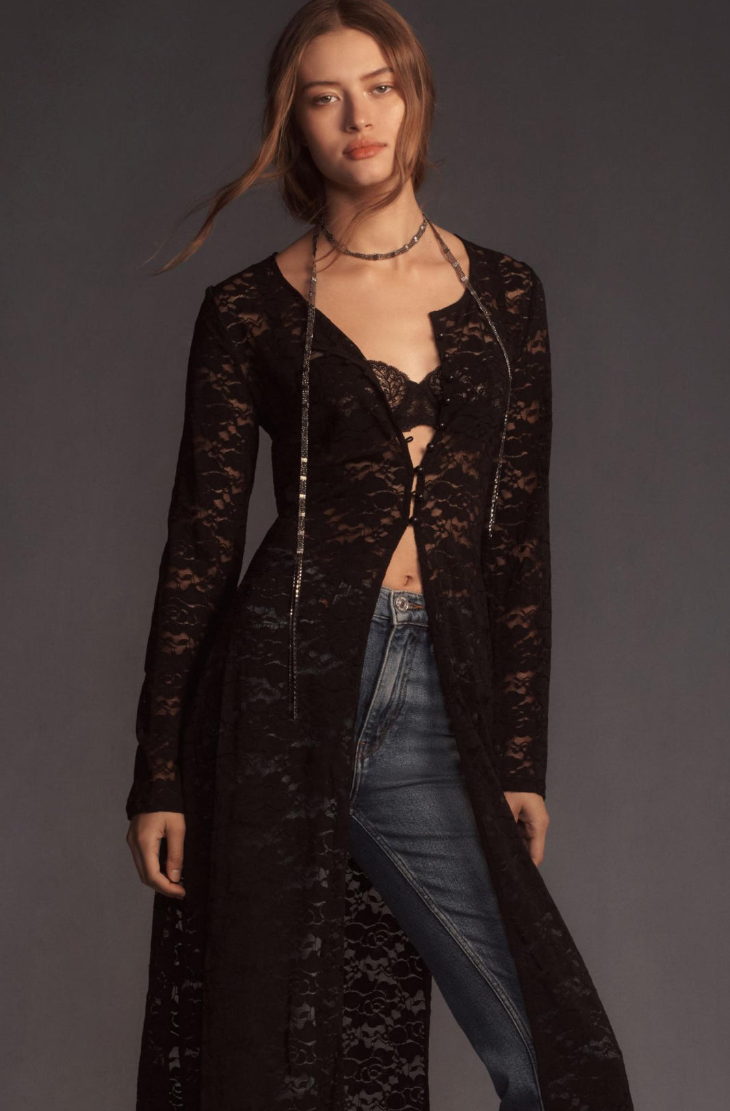 Maeve Button-Front Long-Sleeve Lace Top