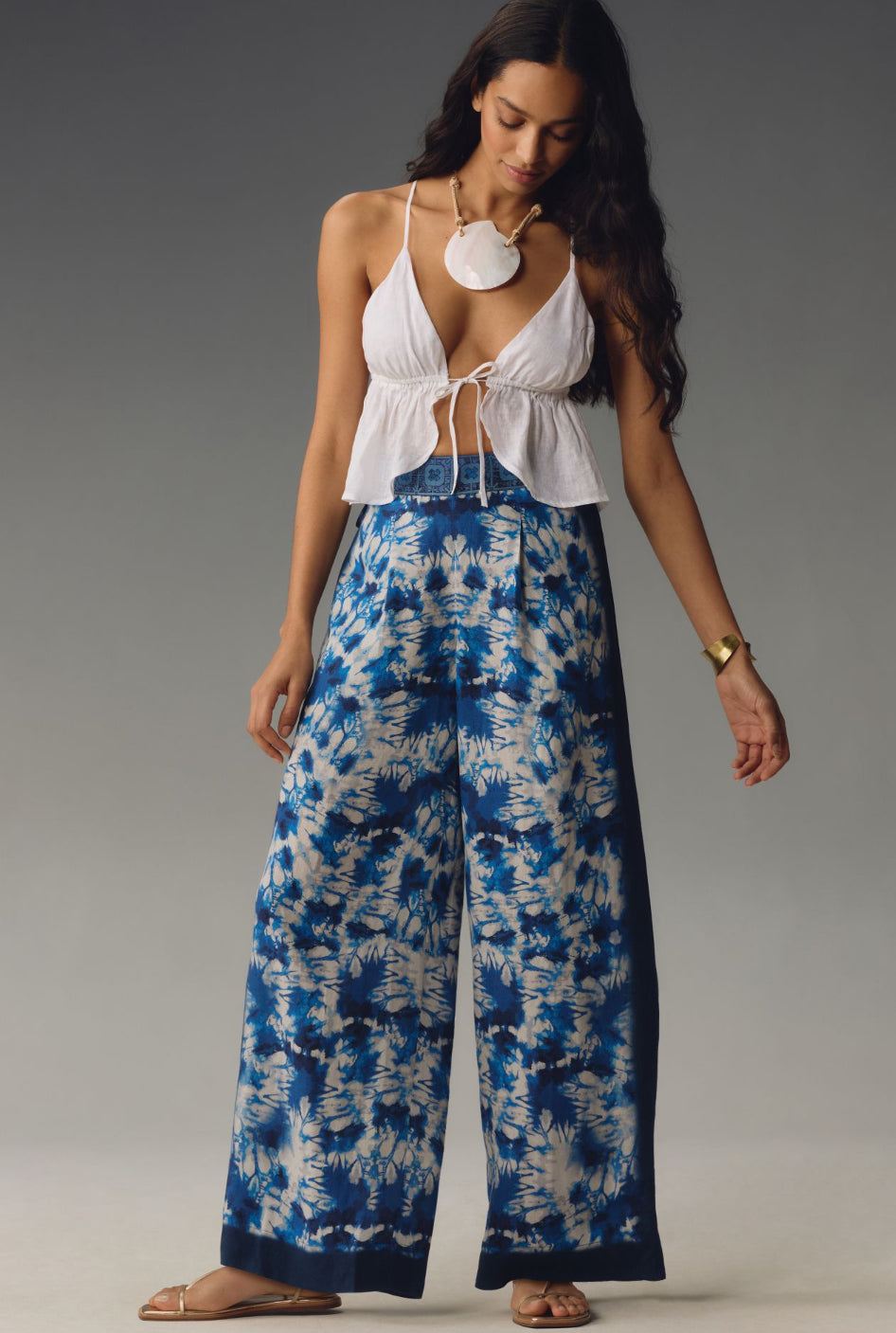 Ranna Gill Printed Linen Pull-On Wide-Leg Pants