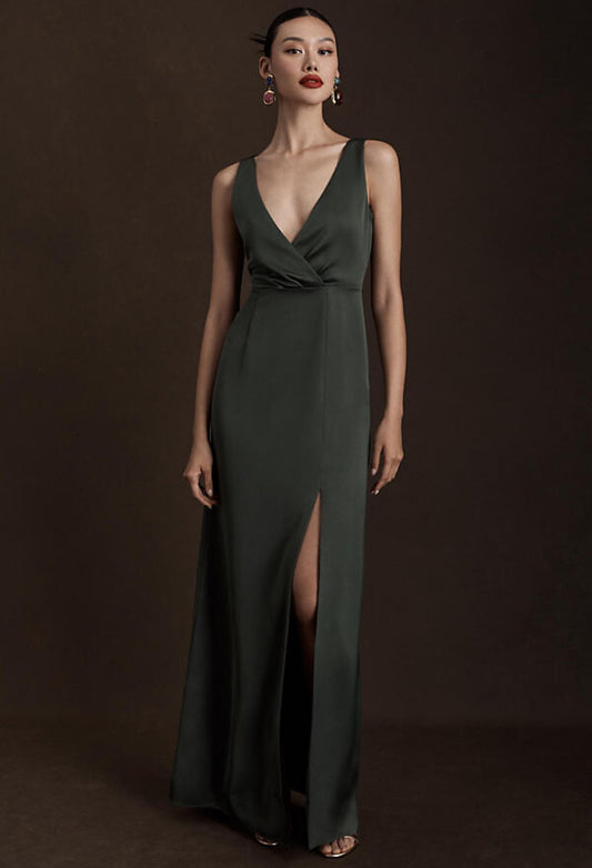 BHLDN Piper V-Neck Side-Slit Satin Gown