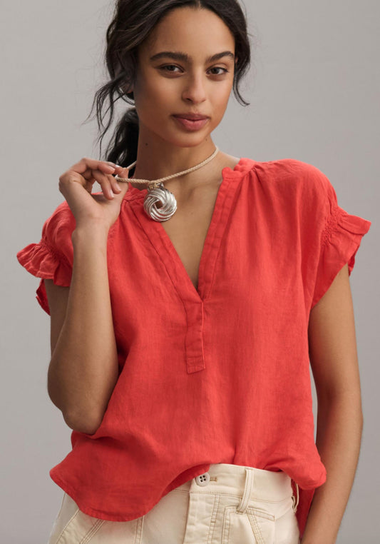 The Tatum Flutter-Sleeve Blouse by Pilcro: Linen Edition