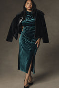 Load image into Gallery viewer, The Maya Ruched Cowl-Neck Dress: Stretch Velvet Edition
