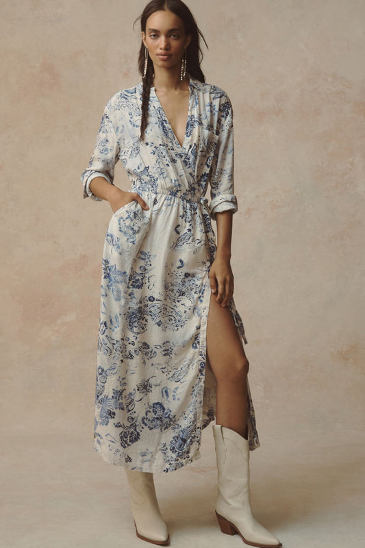 Pilcro V-Neck Linen Midi Wrap Dress