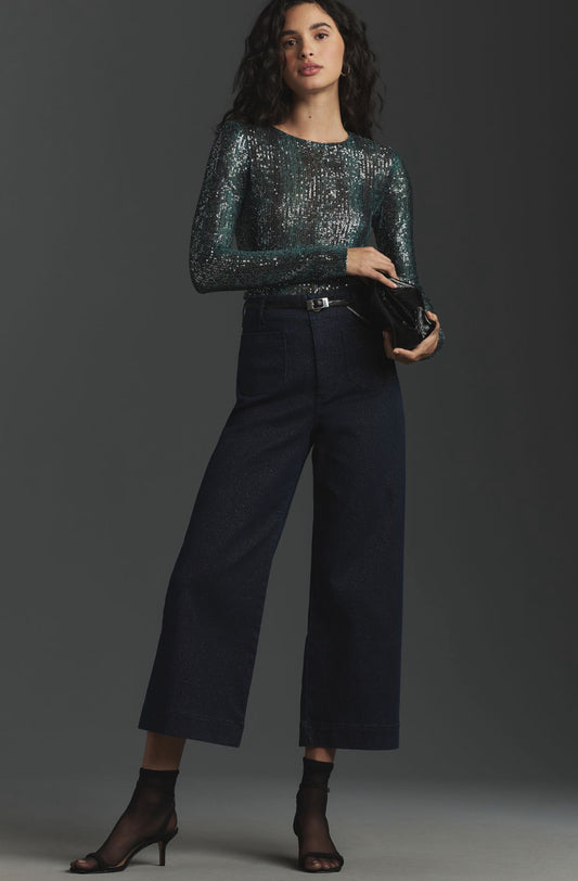 The Colette Sparkle Denim Cropped Wide-Leg Jeans by Maeve