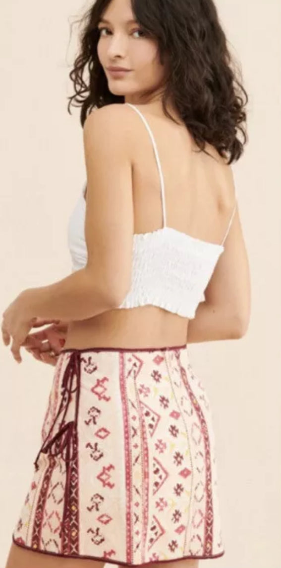 Free People Cleo Printed Side Slit Tie Wrap Mini Skirt