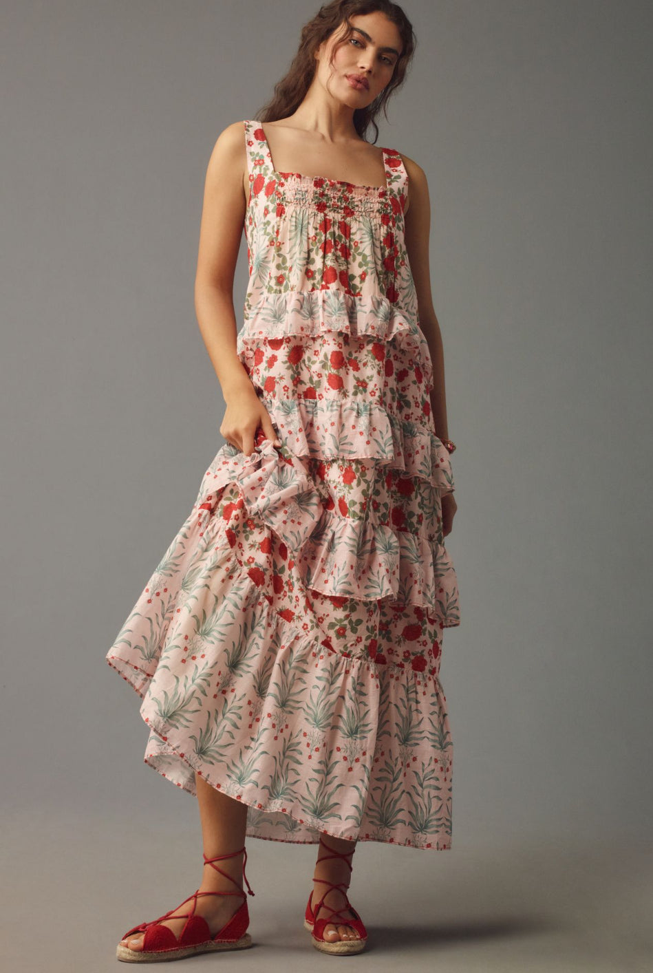 By Anthropologie Sleeveless Square-Neck Tiered Maxi Dress