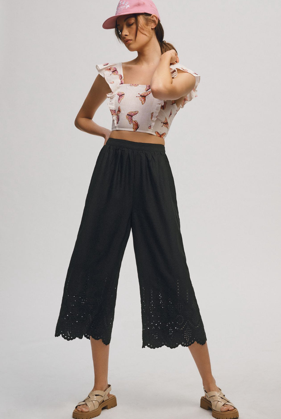 By Anthropologie Wide-Leg Eyelet Crop Pants