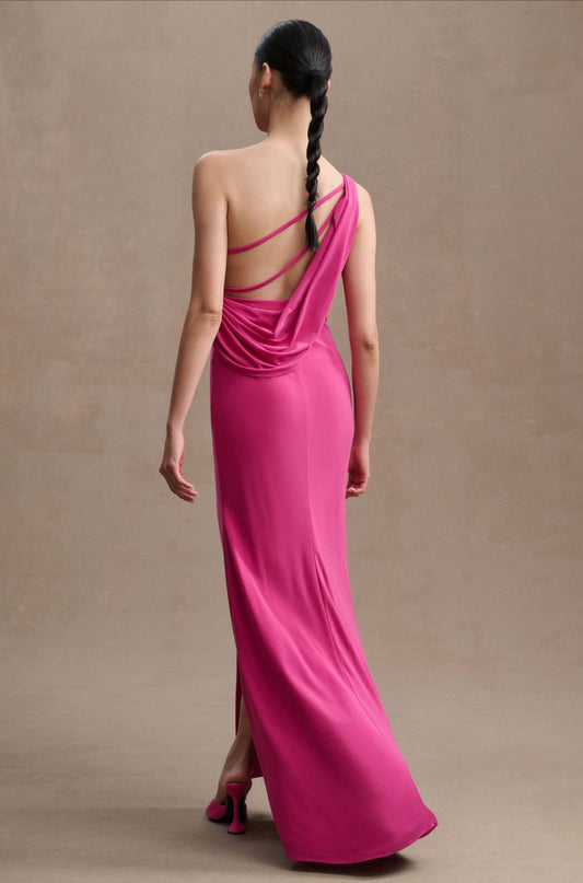 Mac Duggal Draped Jersey One-Shoulder Side-Slit Column Gown