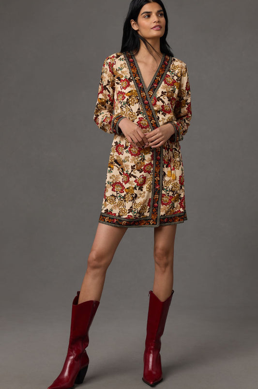 Farm Rio Long-Sleeve Printed Wrap Mini Dress