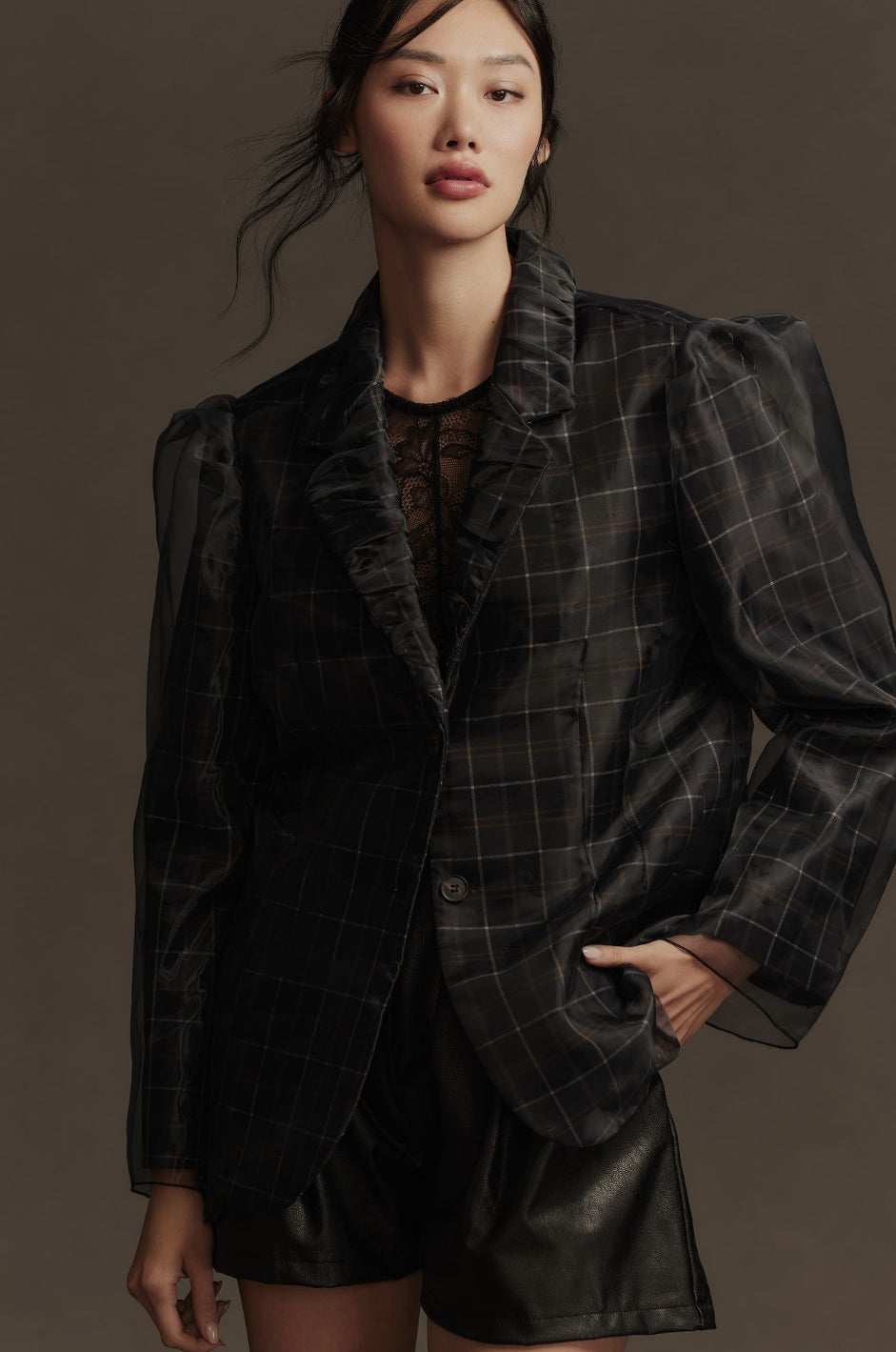 By Anthropologie Tulle Overlay Plaid Blazer