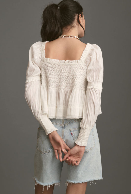 By Anthropologie Puff-Sleeve Cotton Babydoll Top