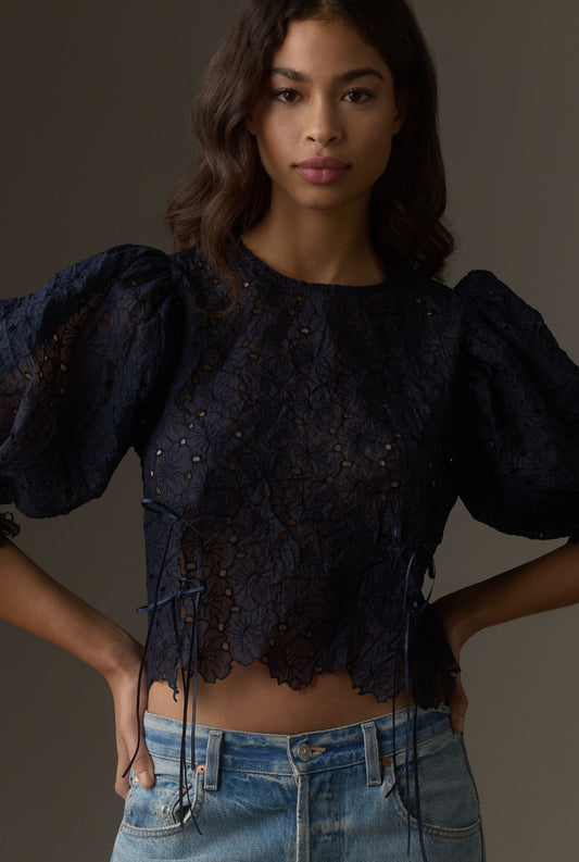 Blue Tassel Sheer Floral Tie-Hem Blouse