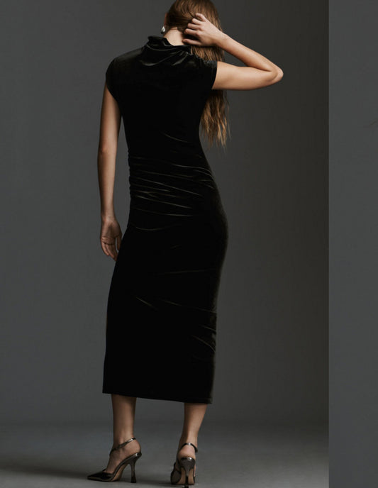 The Maya Ruched Cowl-Neck Dress: Stretch Velvet Edition