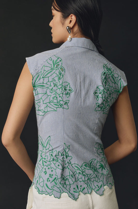 Maeve Sleeveless Floral Embroidered Buttondown Blouse