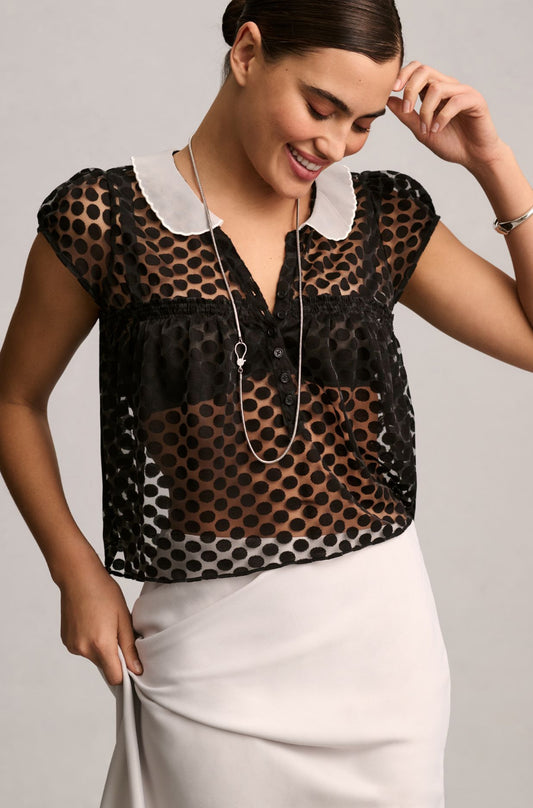 Maeve Collared Cap-Sleeve Sheer Blouse