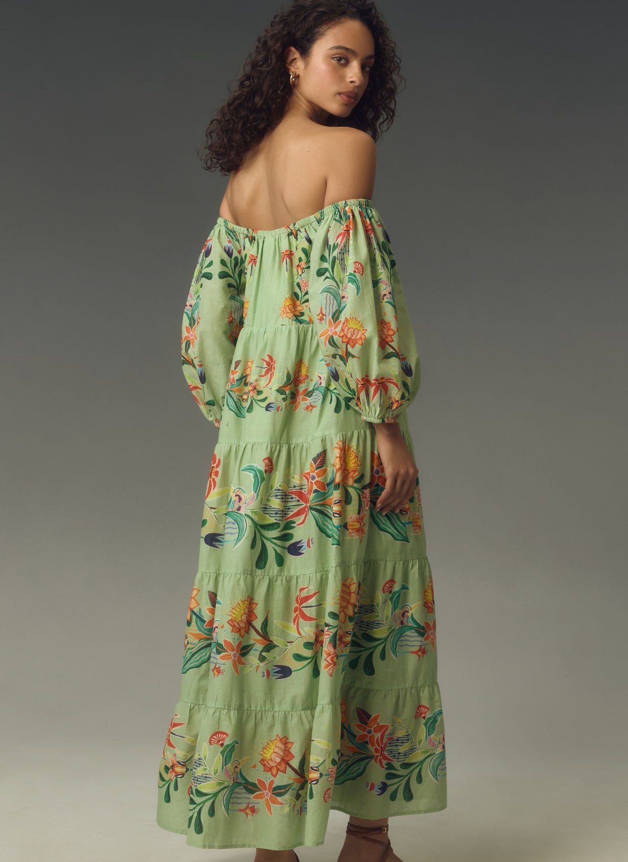 Farm Rio x Anthropologie Off-The-Shoulder Tiered Floral Midi Dress