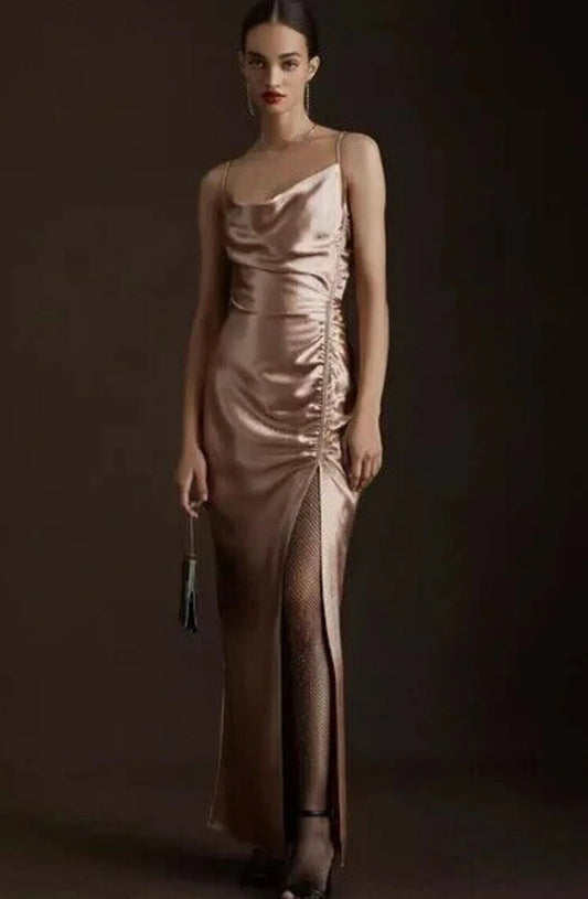 Sachin & Babi Jennings Ruched Hammered Satin Side-Slit Gown