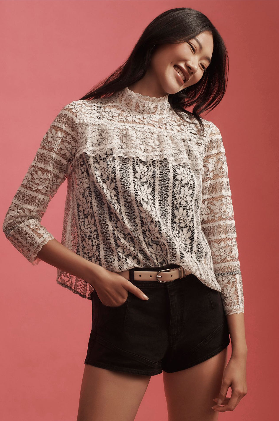 By Anthropologie Mock-Neck Long-Sleeve Lace Top