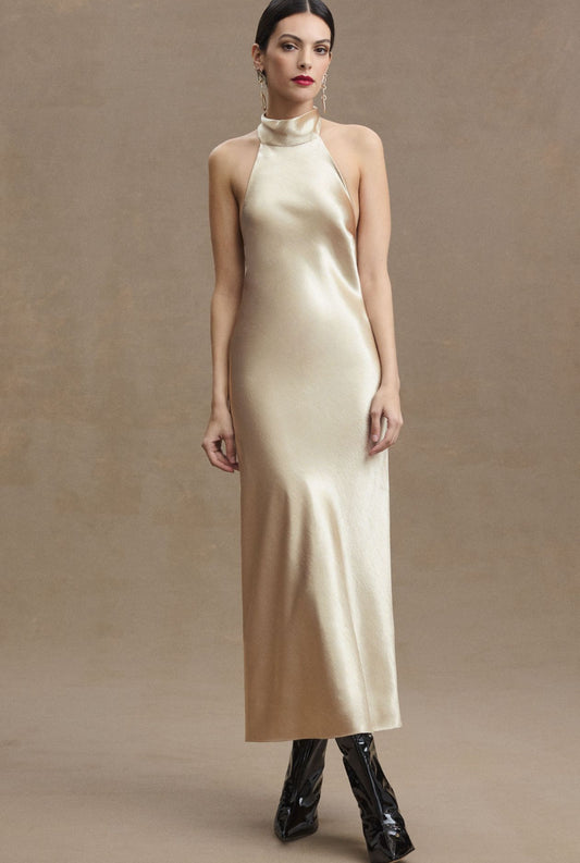 Sachin & Babi Sadie Halter Tie-Neck Hammered Satin Gown