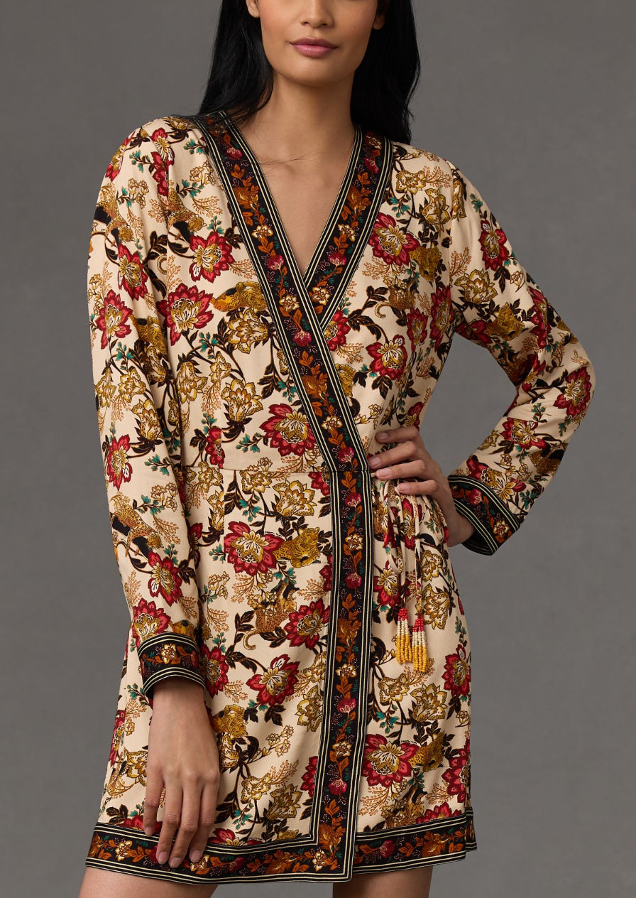 Farm Rio Long-Sleeve Printed Wrap Mini Dress