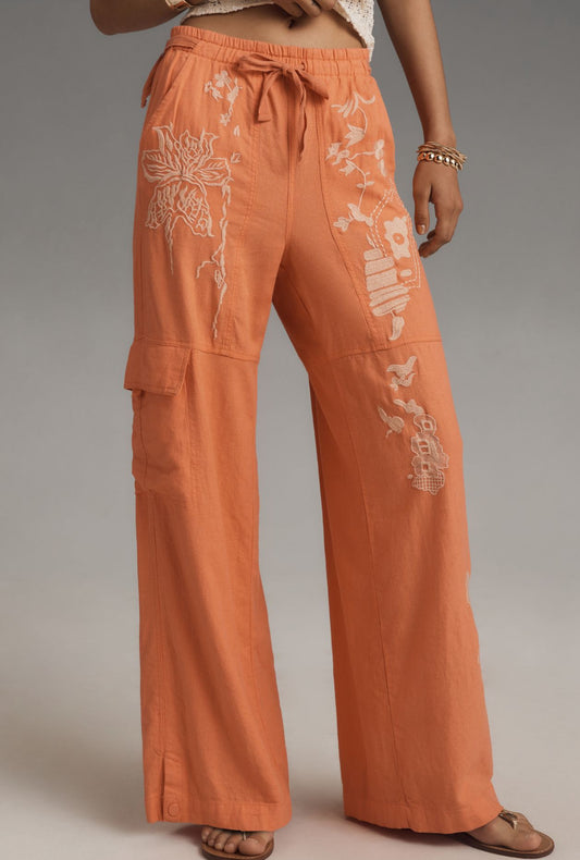 Pilcro Embroidered Beach Linen Cargo Pants