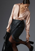 Load image into Gallery viewer, By Anthropologie Long-Sleeve V-Neck Faux Leather Satin Midi Dress
