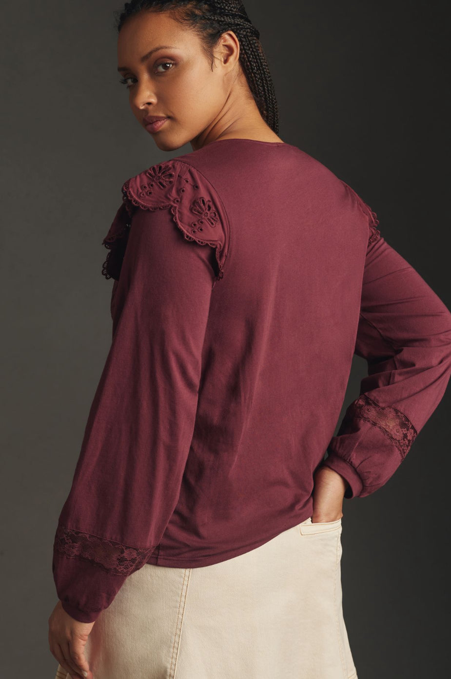 Tiny Long-Sleeve Crescent Ruffled Lace Top