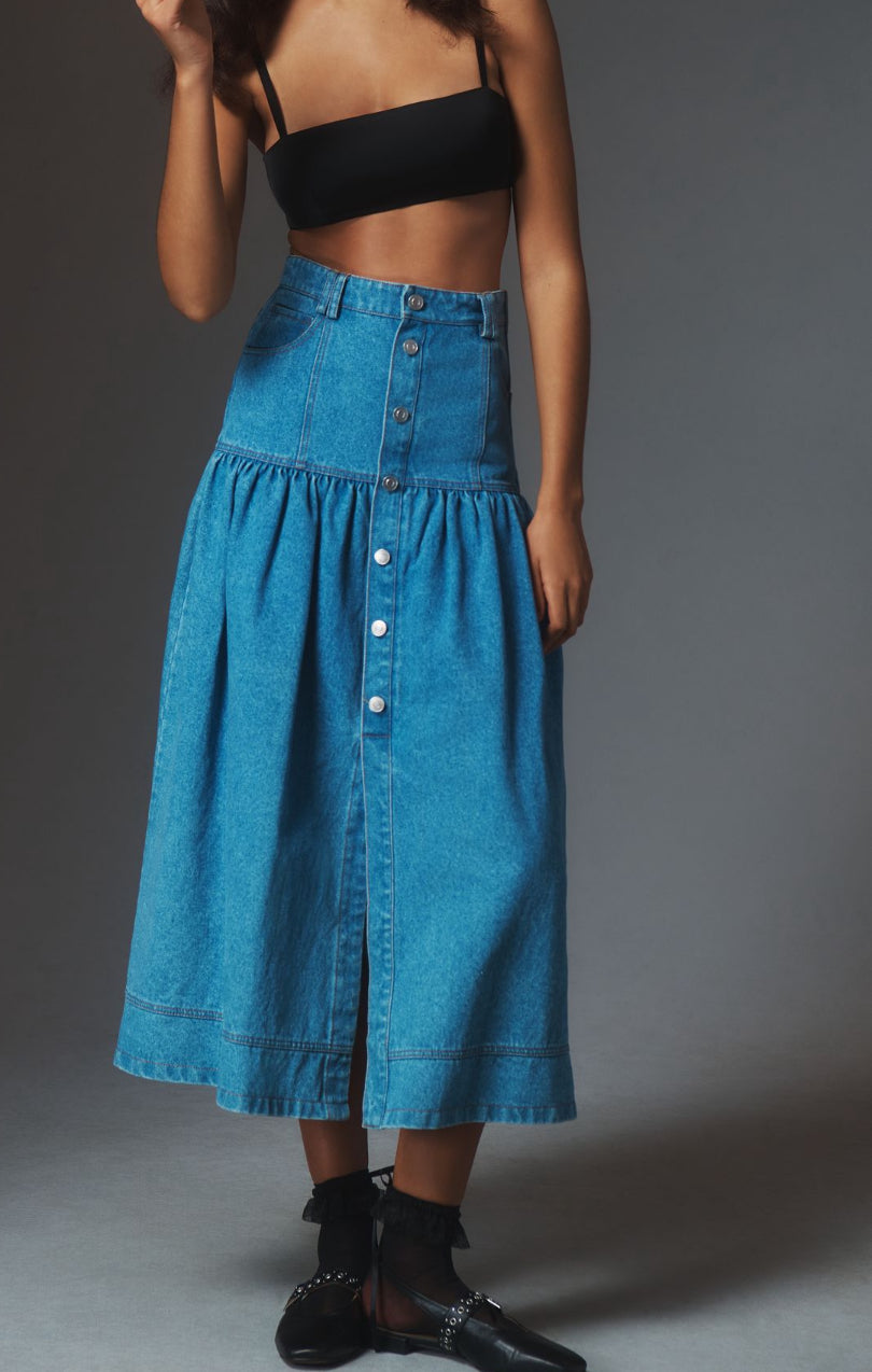 Moon River Basque-Waist Denim Midi Skirt