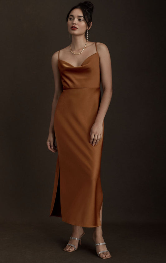 BHLDN Cali Satin Cowl-Neck Midi Slip Dress