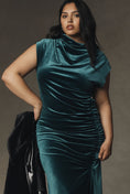 Load image into Gallery viewer, The Maya Ruched Cowl-Neck Dress: Stretch Velvet Edition
