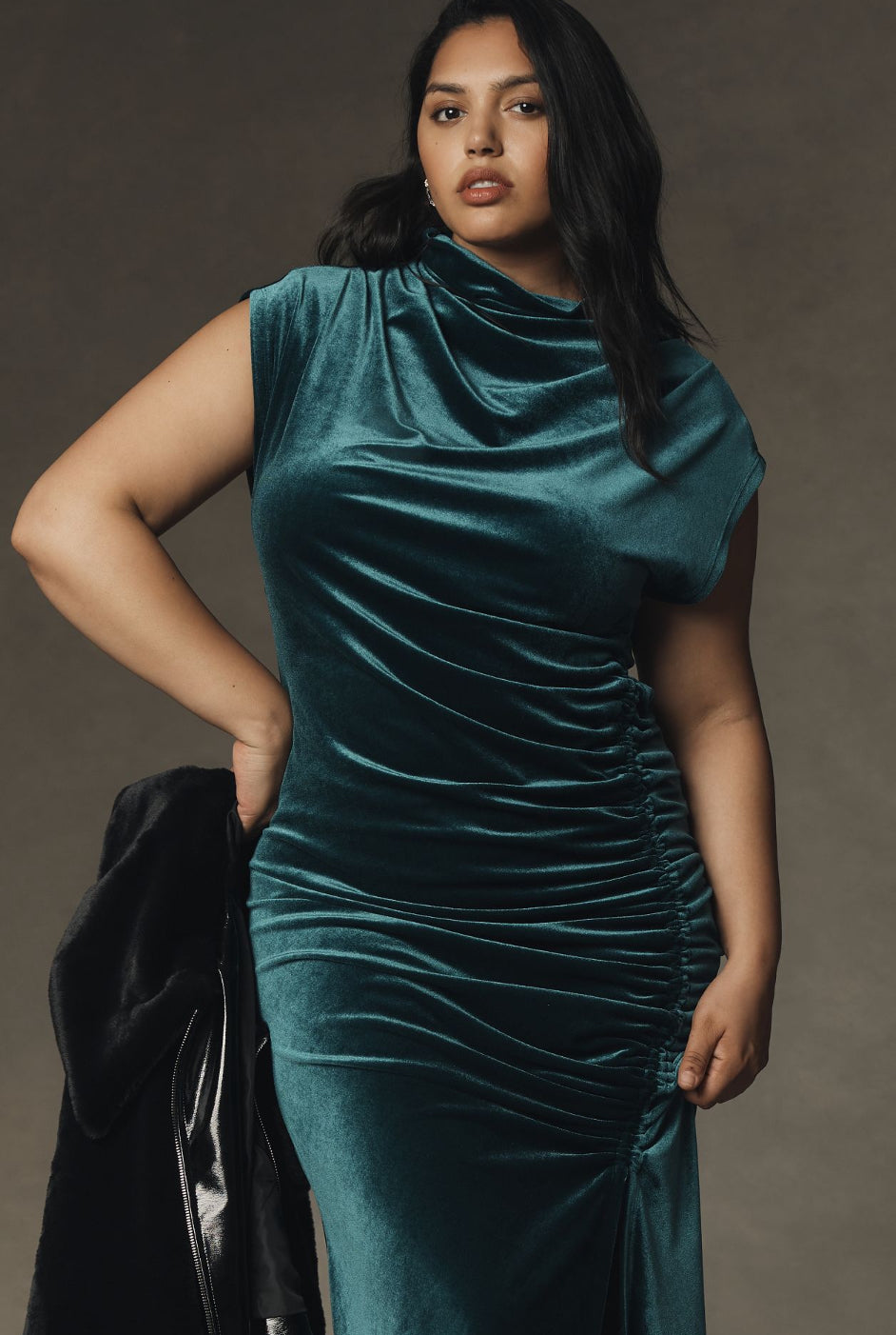 The Maya Ruched Cowl-Neck Dress: Stretch Velvet Edition