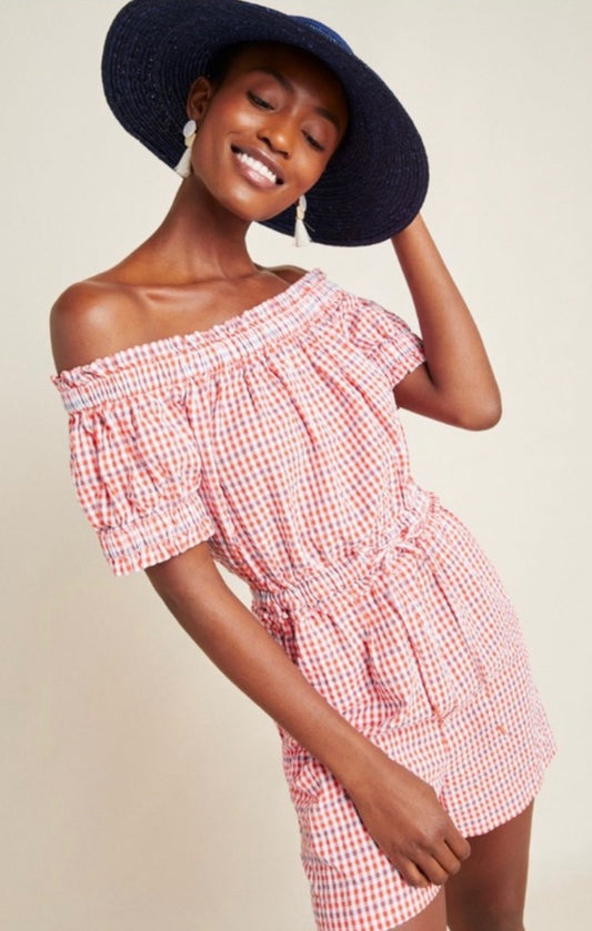 Checked Off-the-Shoulder Romper