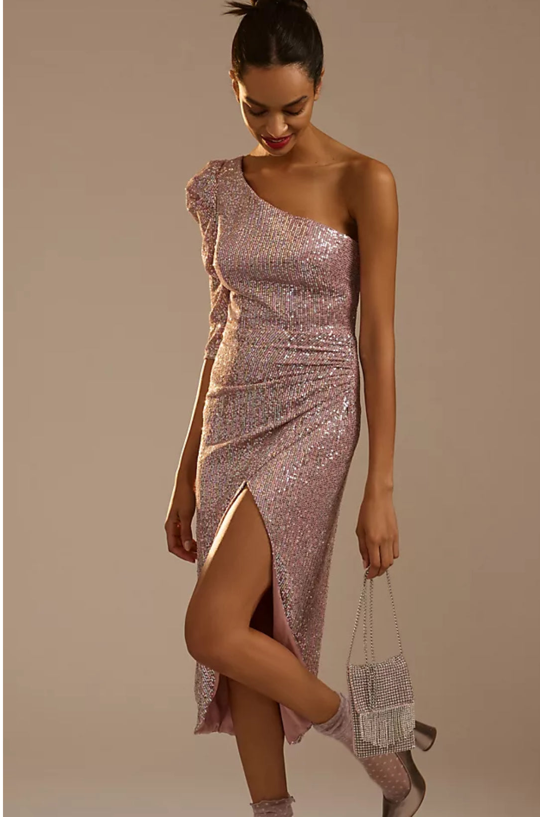 Ieena for Mac Duggal Sequined One-Shoulder Faux Wrap Dress