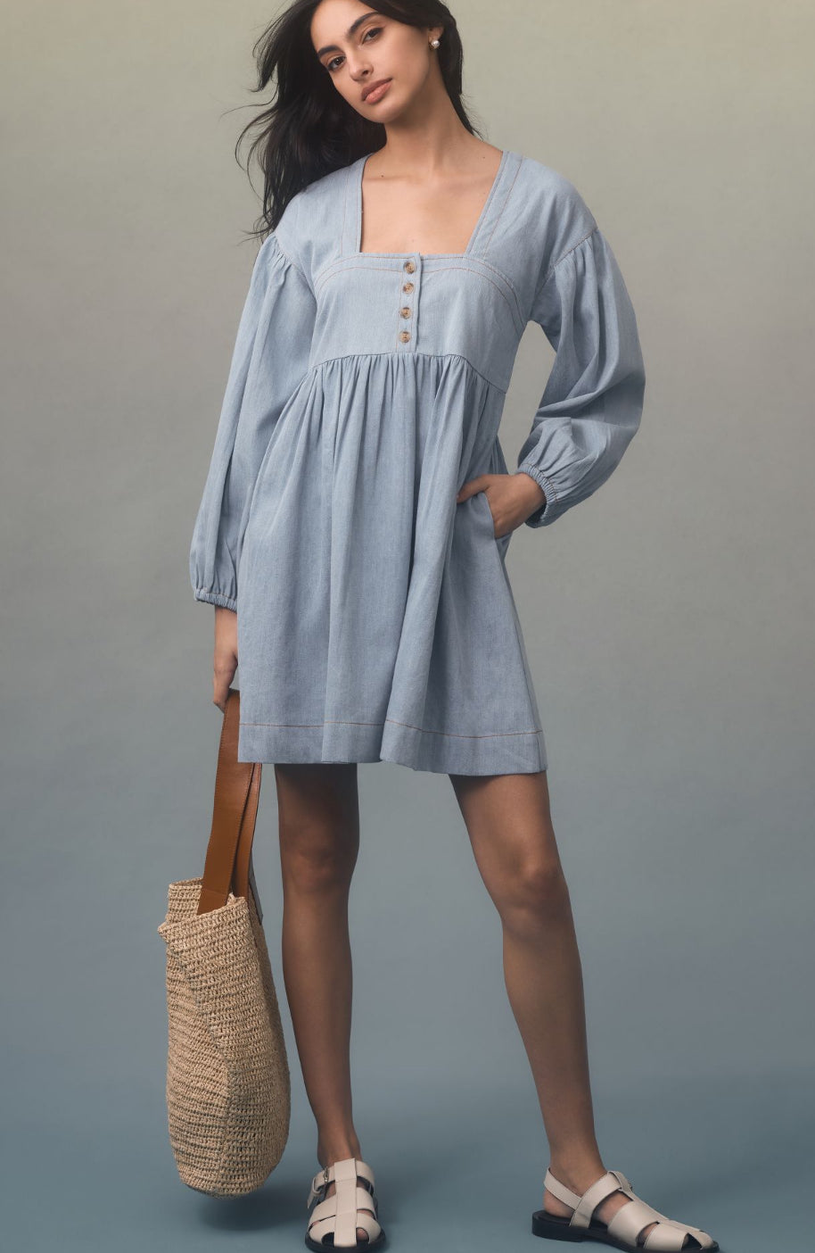 By Anthropologie Long-Sleeve SqNk Denim Babydoll Mini Dress