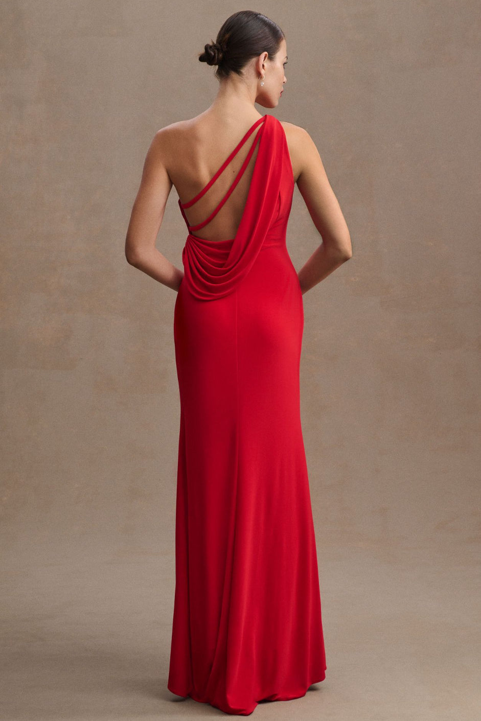 Mac Duggal Draped Jersey One-Shoulder Side-Slit Column Gown