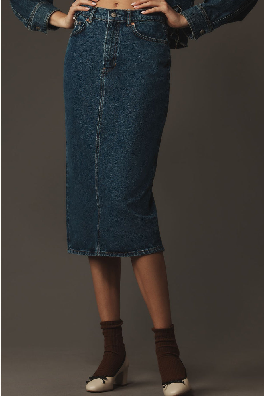 Reformation Jayde High-Rise Denim Midi Skirt